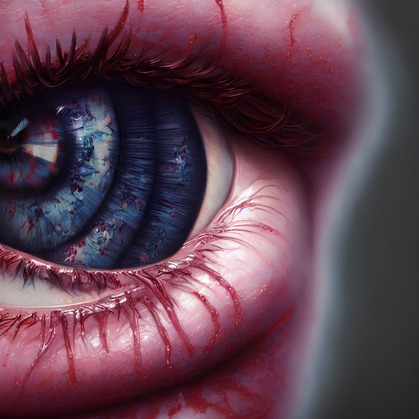 Detailed Close-Up Digital Art of Vivid Blue Human Eye with Red Veins and Intense Emotion