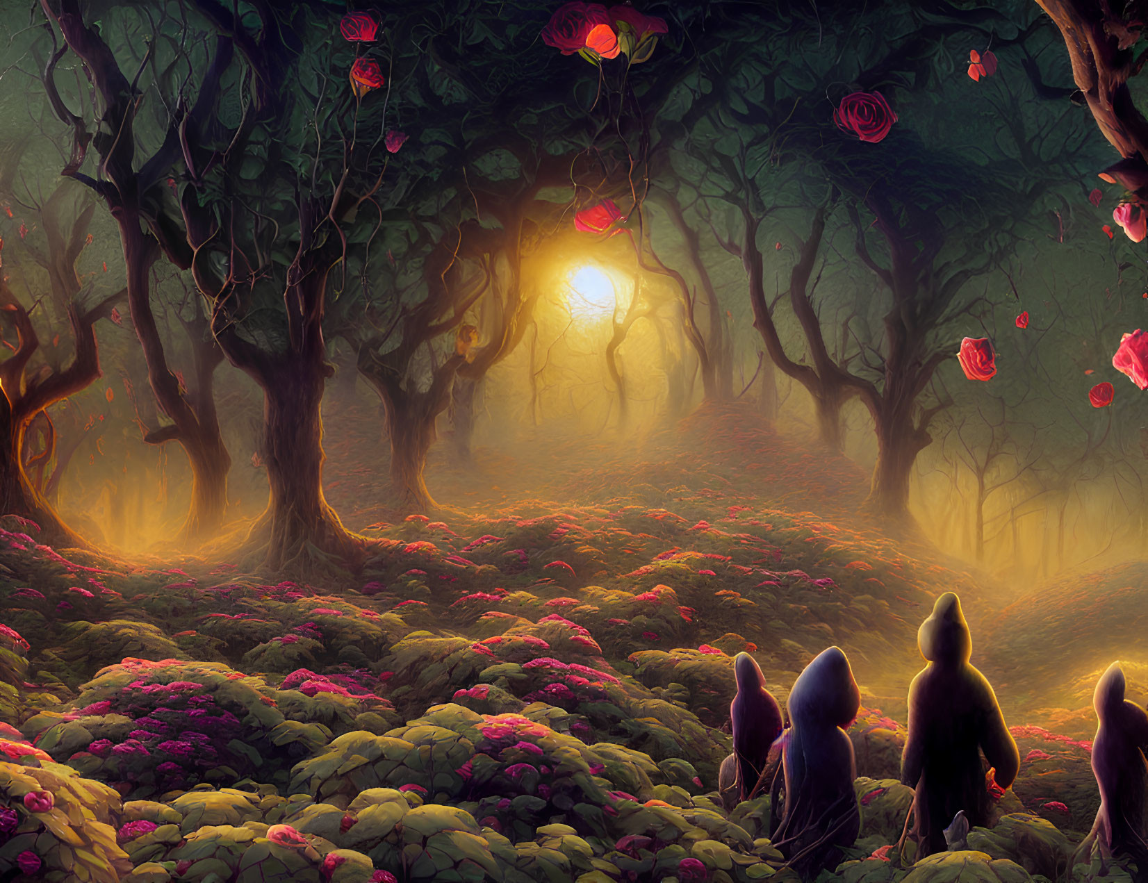 Mystical forest scene with twisted trees, glowing sun, floating roses, and cloaked figures.