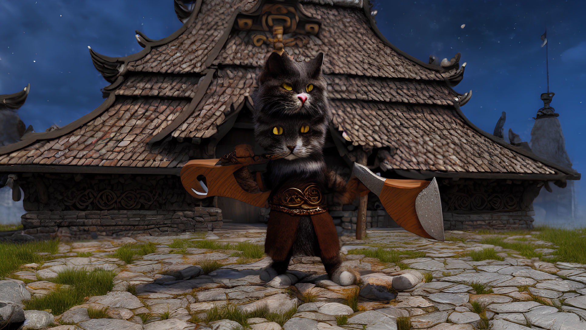 Cat warrior in armor with swords at Asian-style building under starry sky