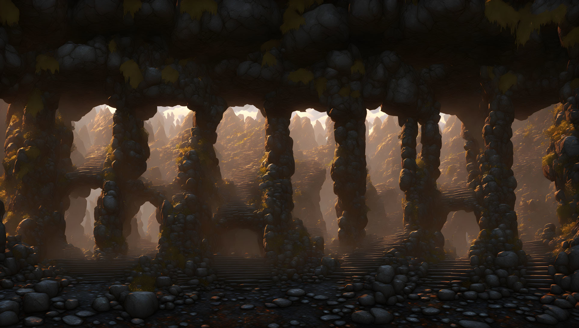 Mystical underground cavern with towering stone columns and ambient light