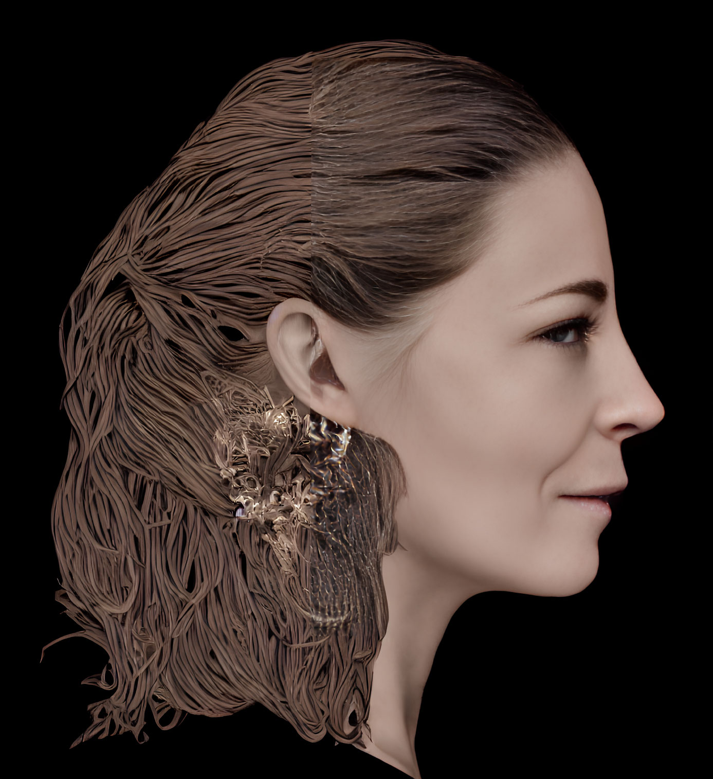 Woman with Brown Hair and Metal Earring on Black Background