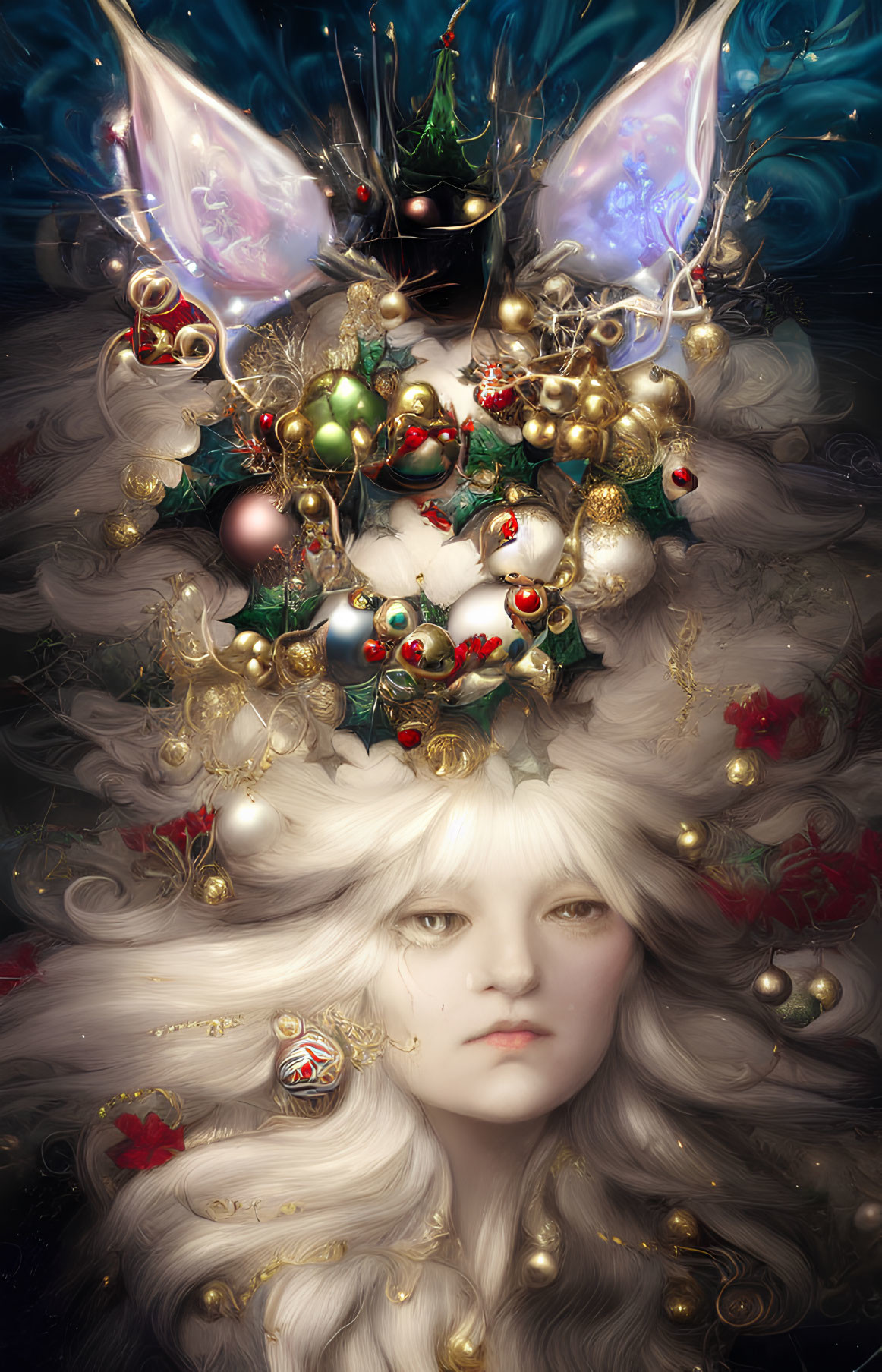 Pale-skinned ethereal being with white hair and festive headdress.