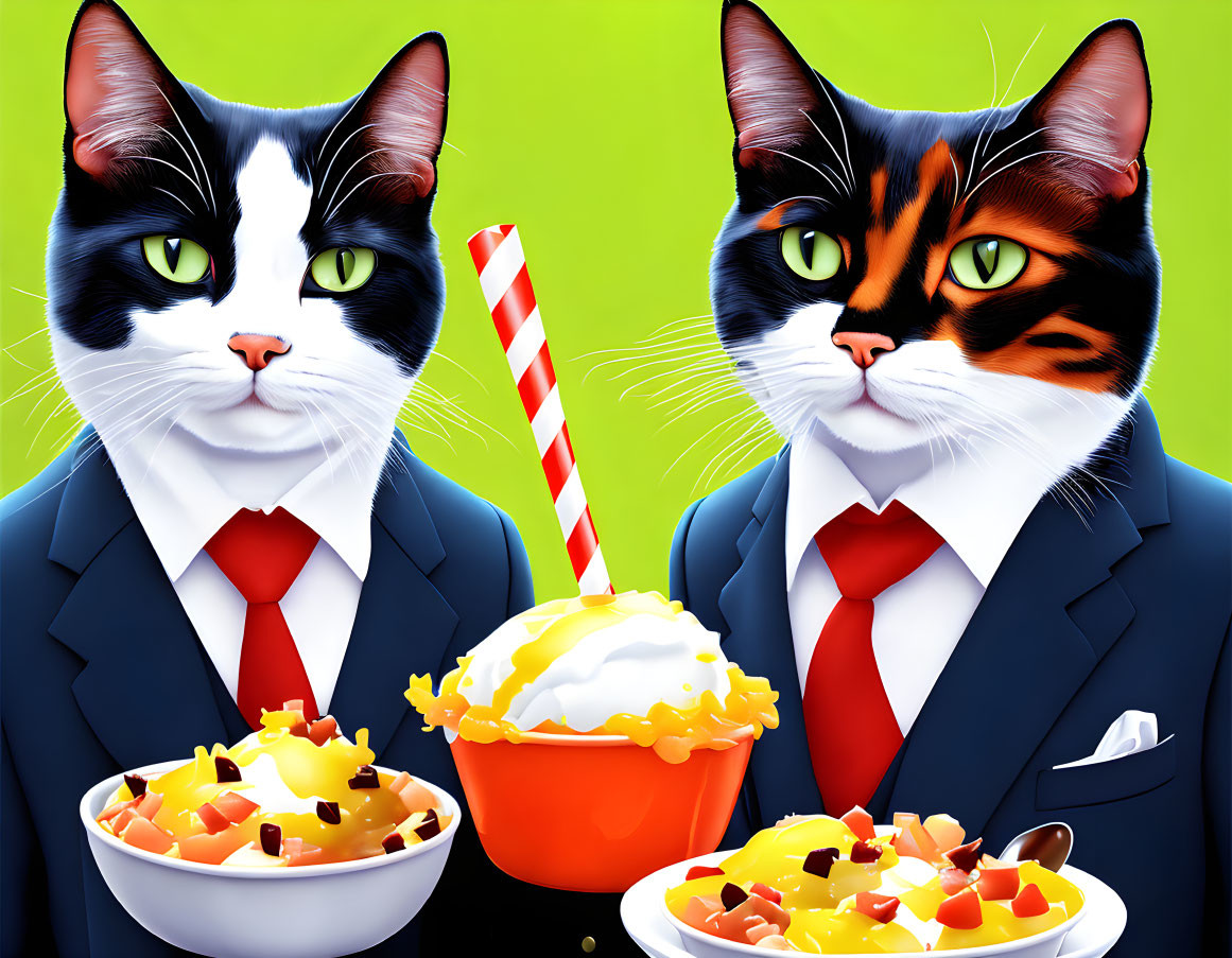 Illustrated cats in suits with ties sitting with food and drink on green background