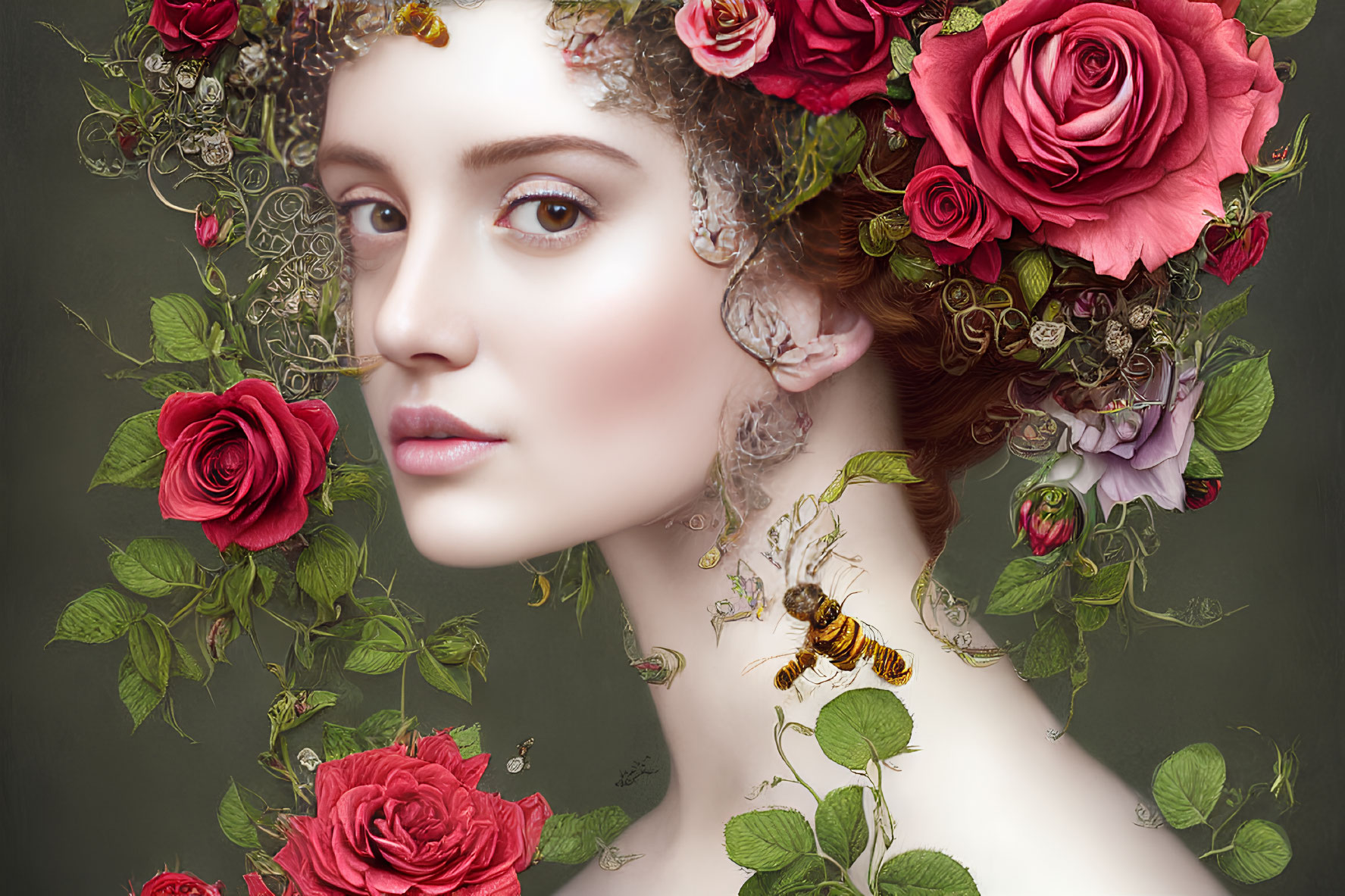 Portrait of Woman with Rose Wreath and Bee on Green Background