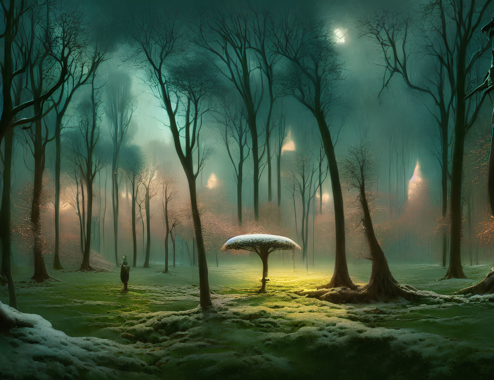 Enchanted forest scene with snow, lanterns, and oversized glowing mushroom