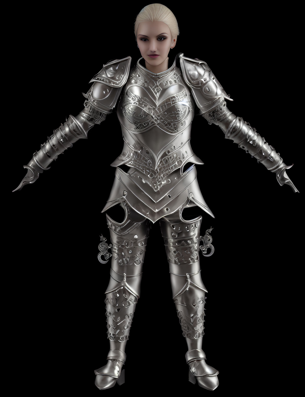 Blond woman in silver fantasy armor with ornate designs