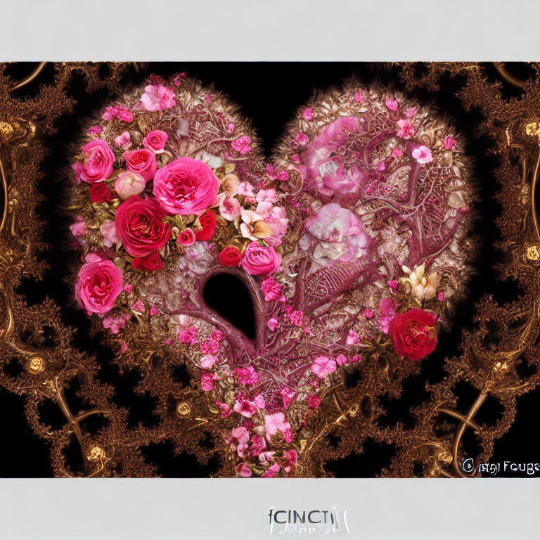 Heart-shaped pink and red flower collage with golden fractal patterns on black background