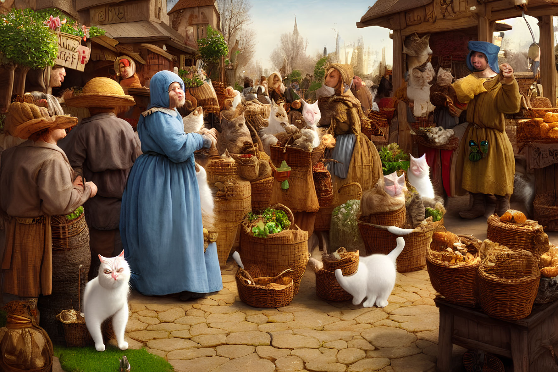 Medieval marketplace scene with anthropomorphic cats, vendors, customers, and roaming chickens.