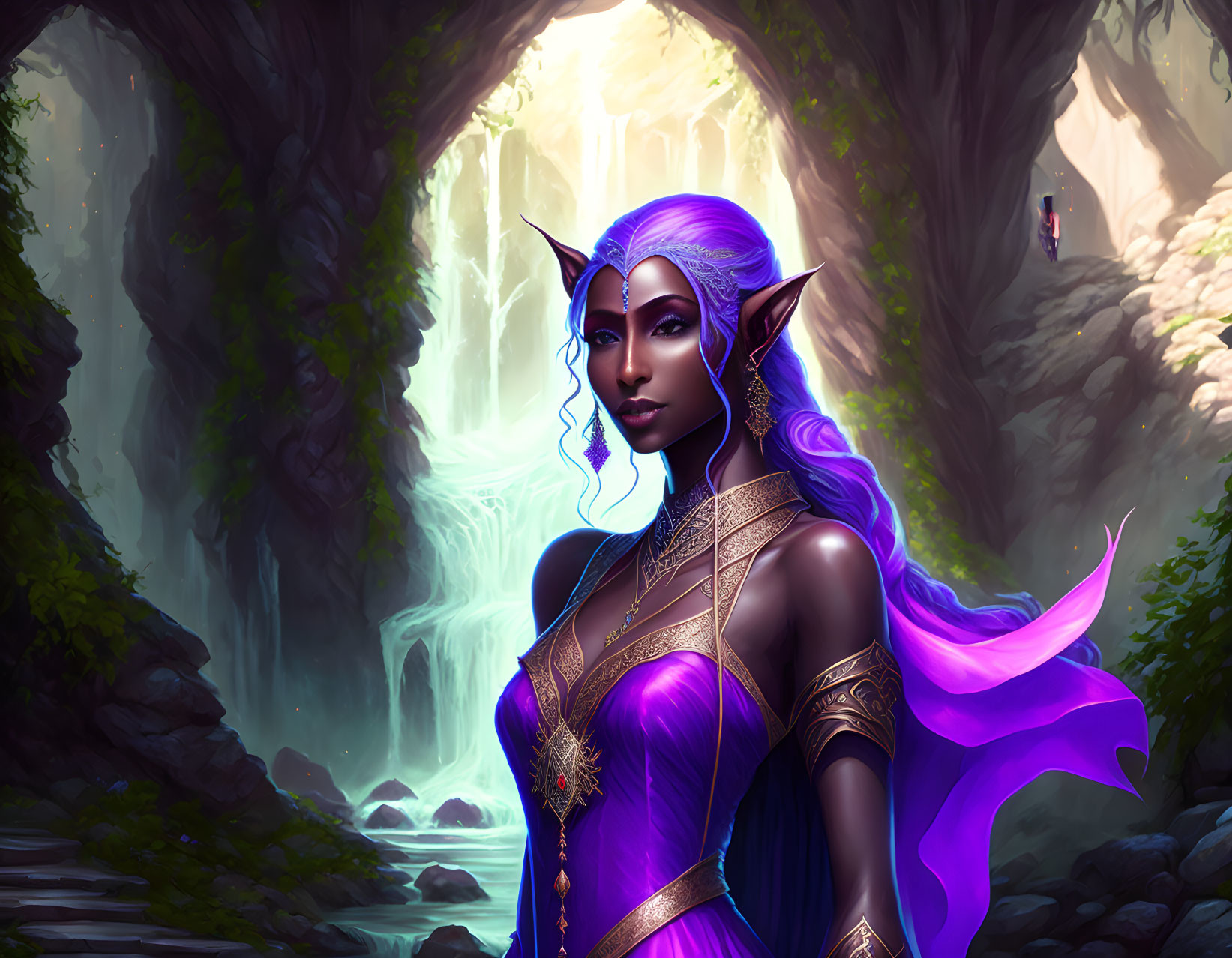 Purple-skinned elf with glowing blue hair in front of enchanted forest waterfall