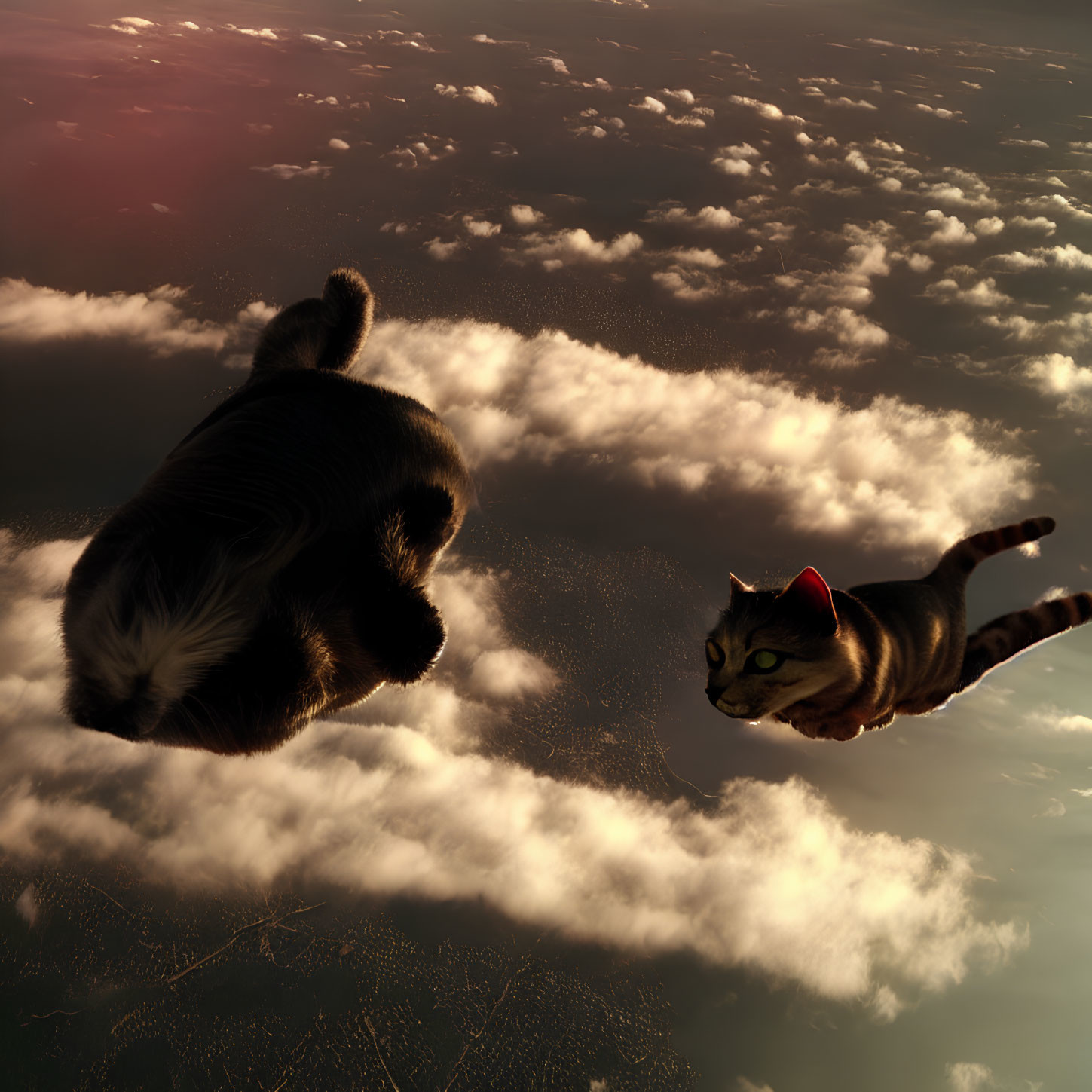 Two cats flying above clouds at sunset with one wearing a red scarf