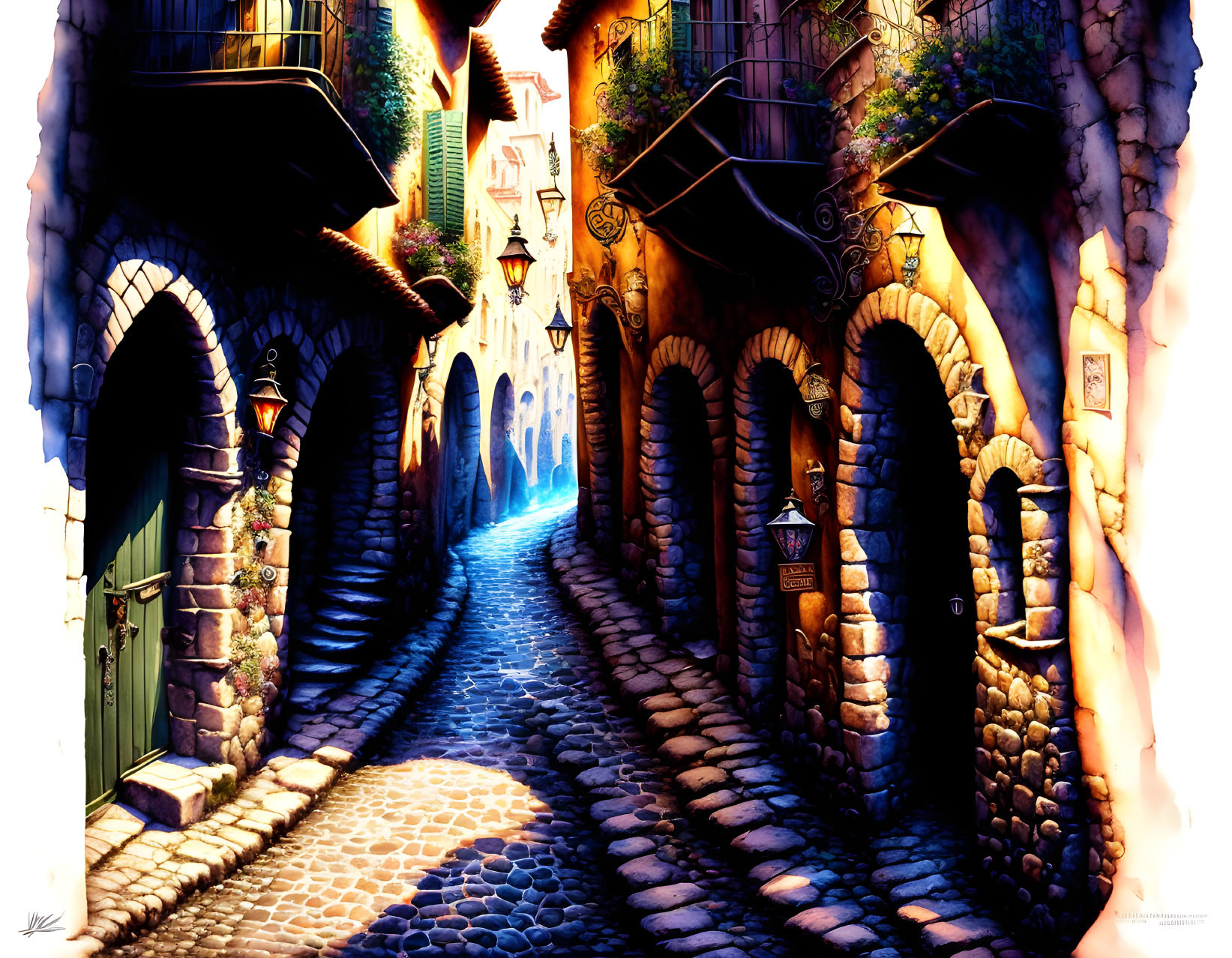 Colorful digital artwork: Cobblestone alley, arched doorways, warm lighting, hanging lantern