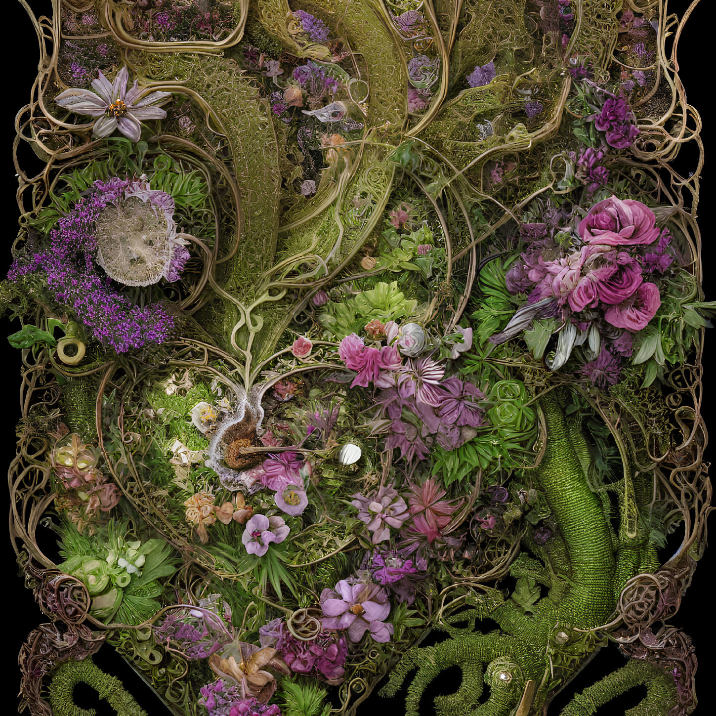 Detailed artwork of plants, flowers, and organic patterns in lush tapestry