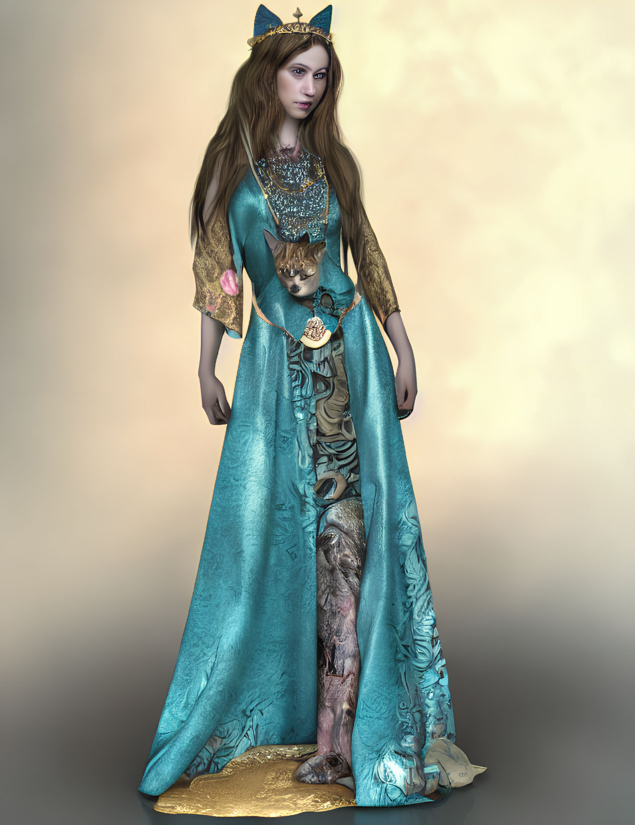 Regal Figure in Ornate Turquoise Gown and Crown-like Headpiece