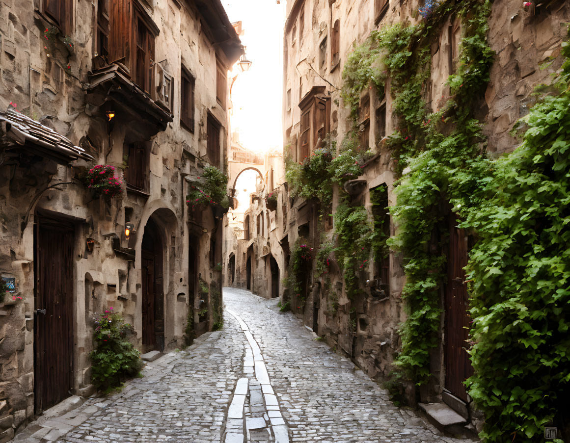 Traditional European town: Cobblestone street, stone buildings, greenery, flowers, warm light