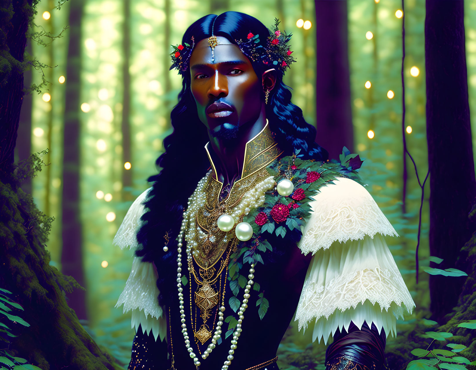 Regal figure in ornate attire with crown of red berries in mystical forest