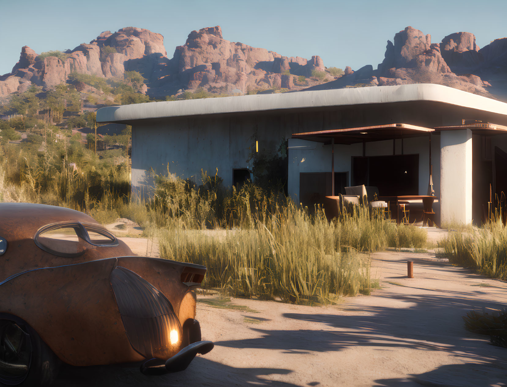 Vintage car outside modern desert home with rugged mountains.