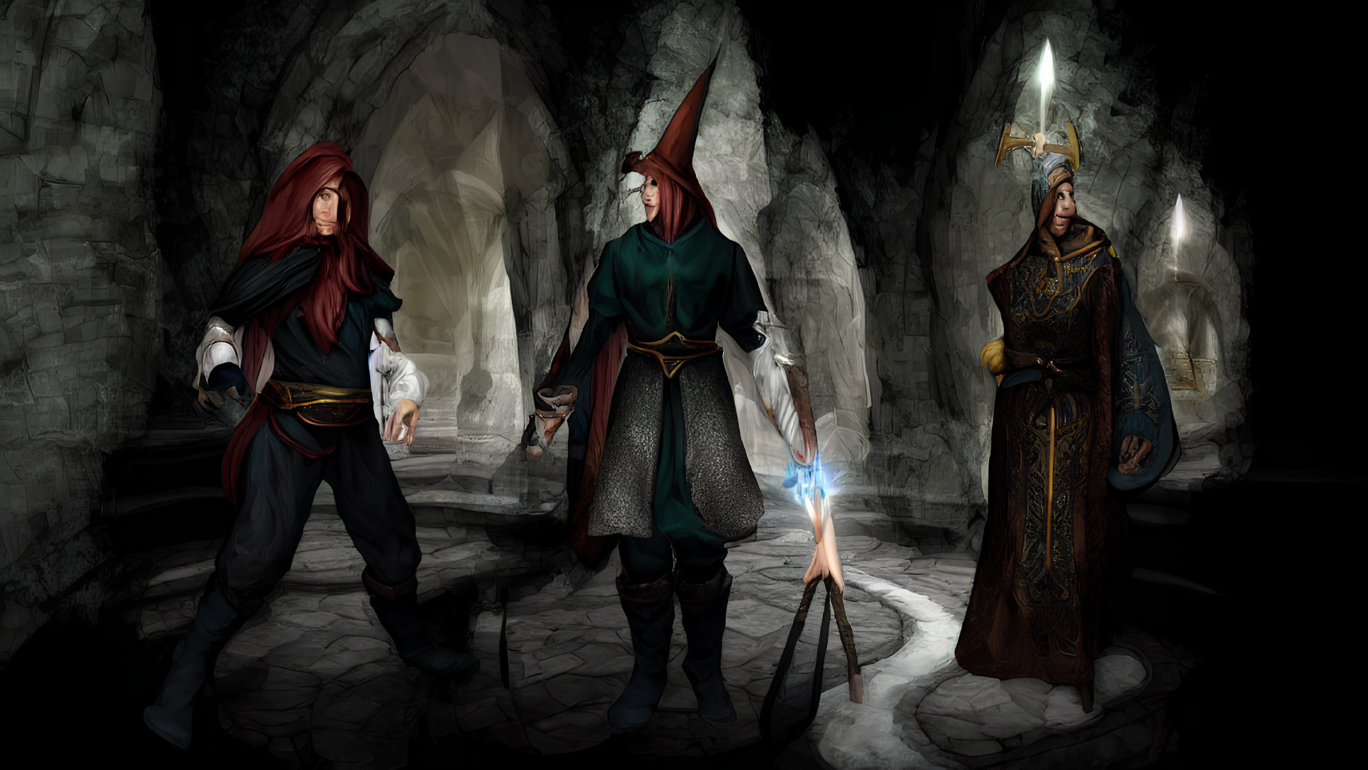 Fantasy warrior, archer, and mage in dimly lit cave