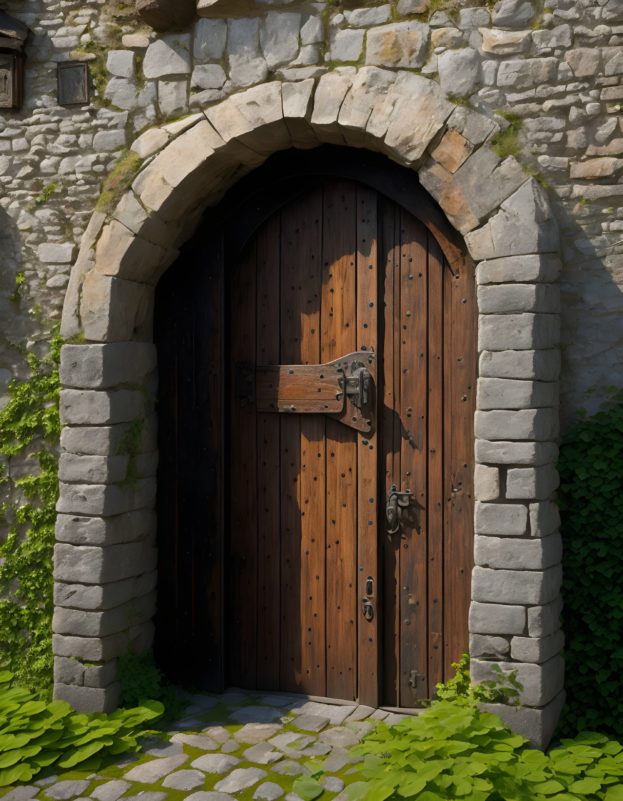 Wooden arched door in stone wall slightly ajar in serene, sunlit setting