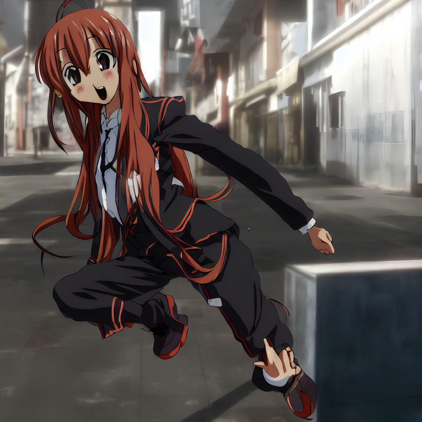 Anime girl with auburn hair in black and orange uniform leaps in urban scene