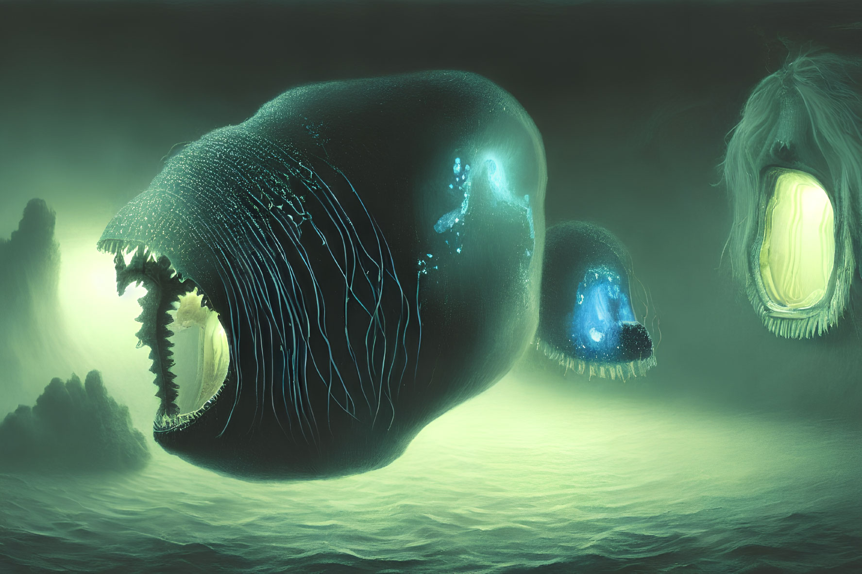 Colossal whale-like creatures with glowing mouths in surreal green mist