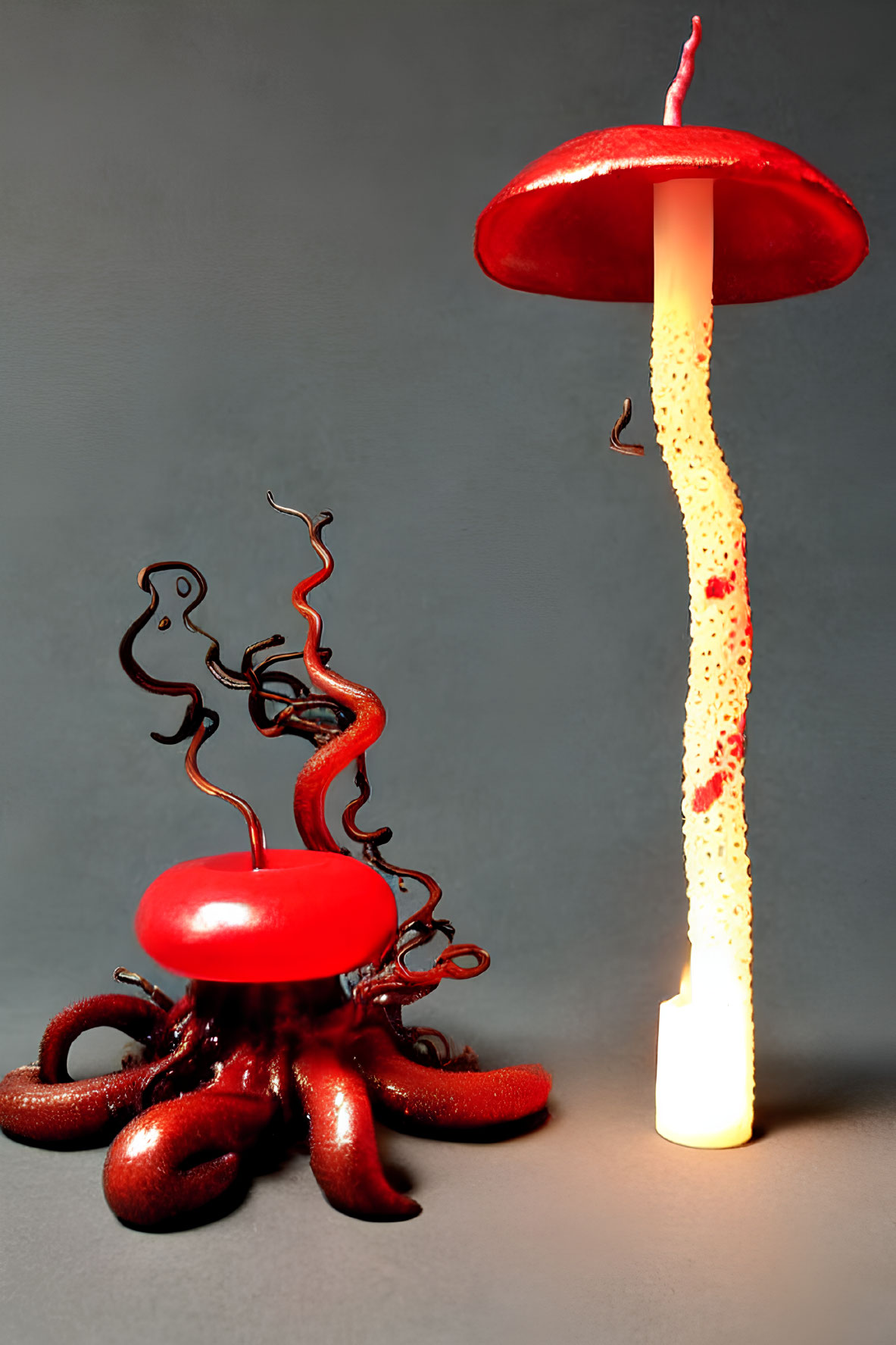 Red octopus sculpture with tentacles around melting pillar and mushroom cap on grey background