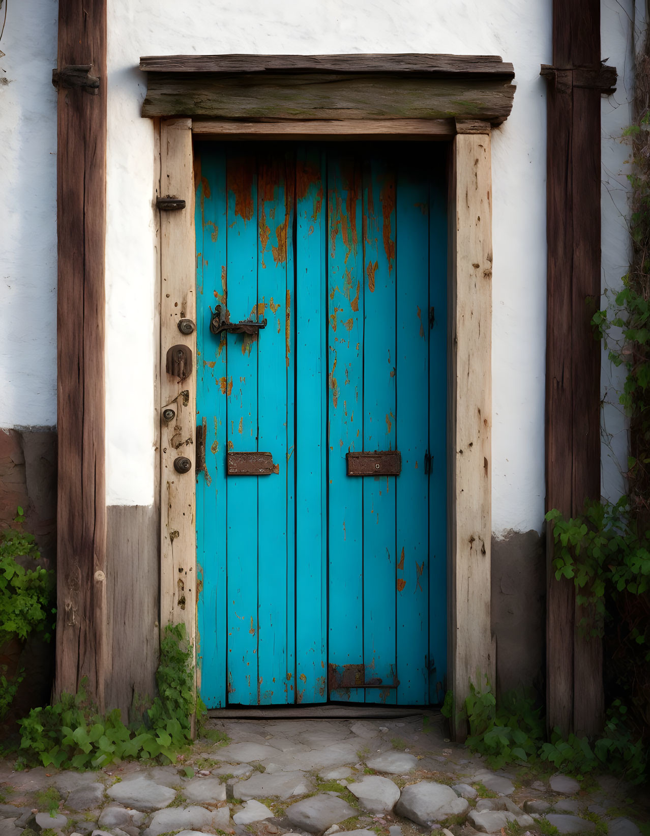 Weathered turquoise door with rusted metal fixtures in white wall, surrounded by cobblestones and green