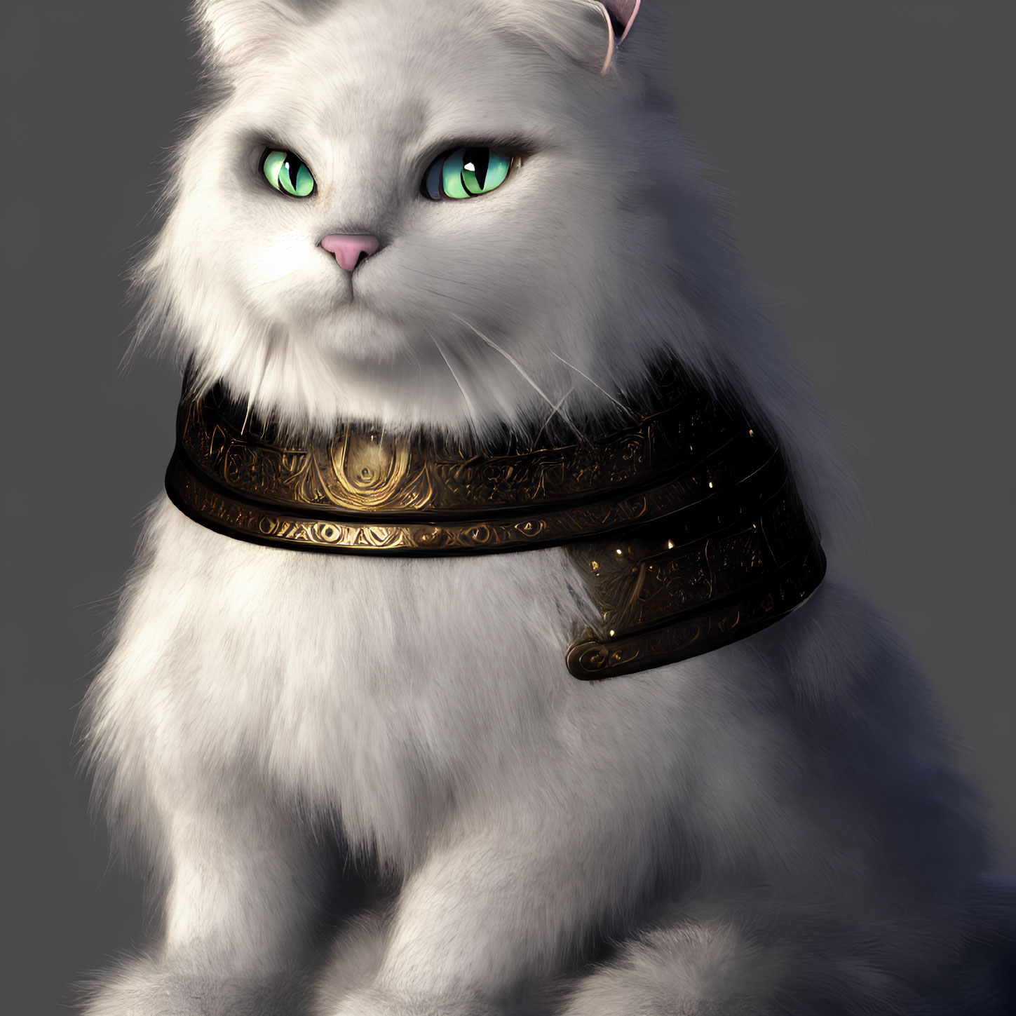 White Fluffy Cat with Green Eyes and Golden Collar