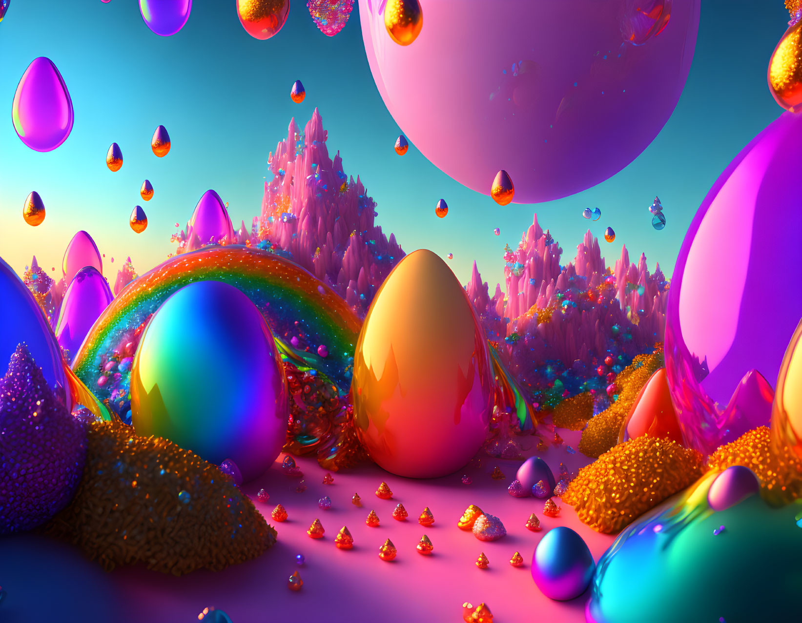 Colorful Fantasy Landscape with Glossy Eggs, Droplets, and Crystalline Structures