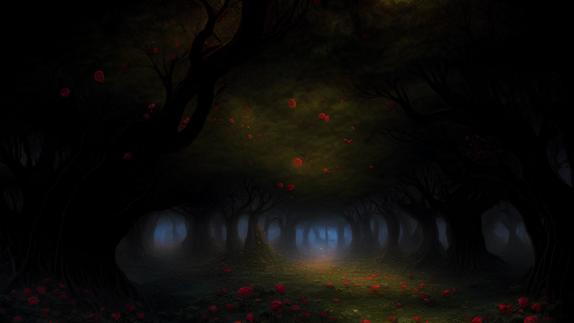 Dark forest with twisted trees and red flowers, orbs in misty background.