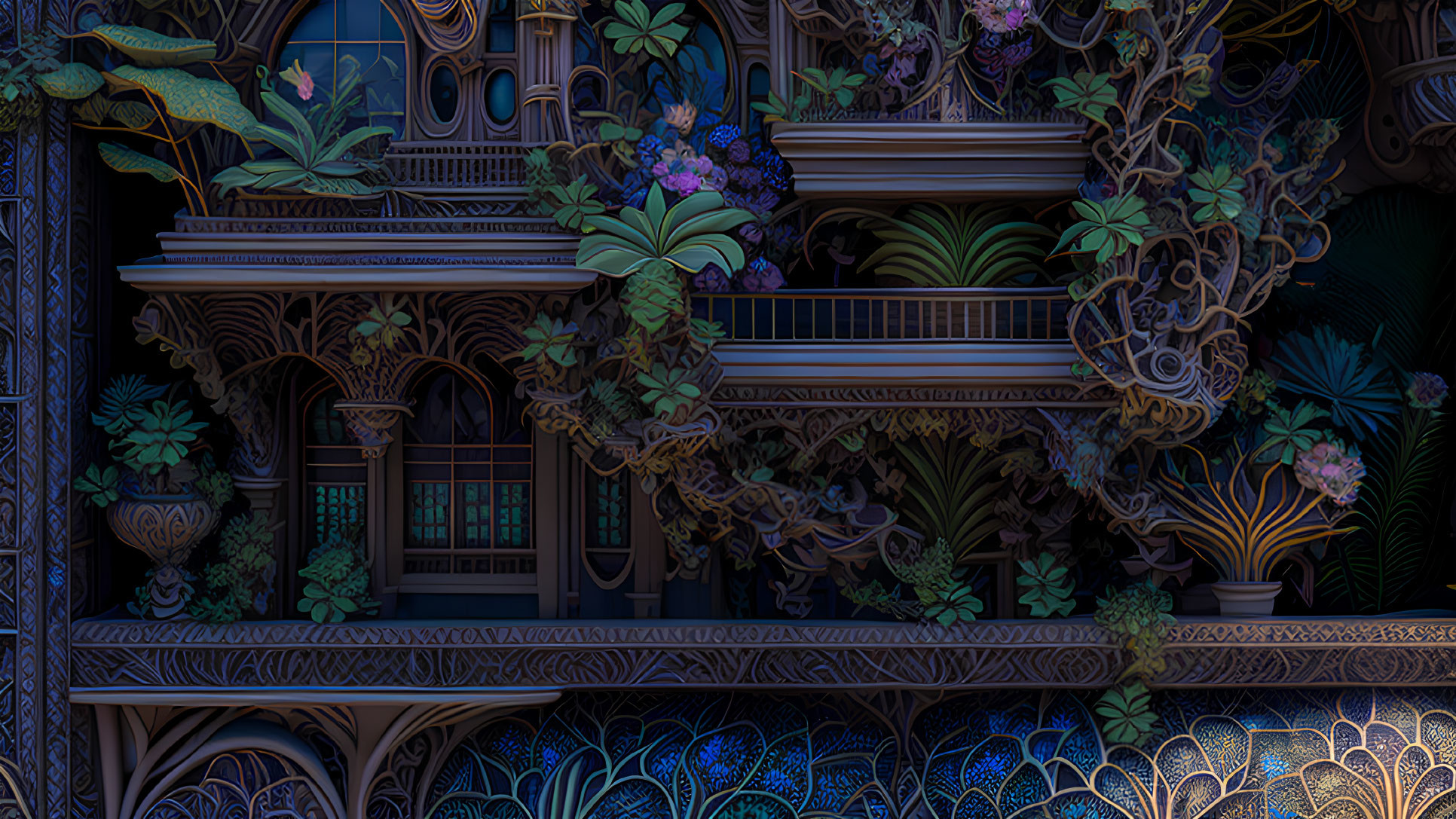 Fantasy digital artwork of intricate structure with vines and flowers on dark background