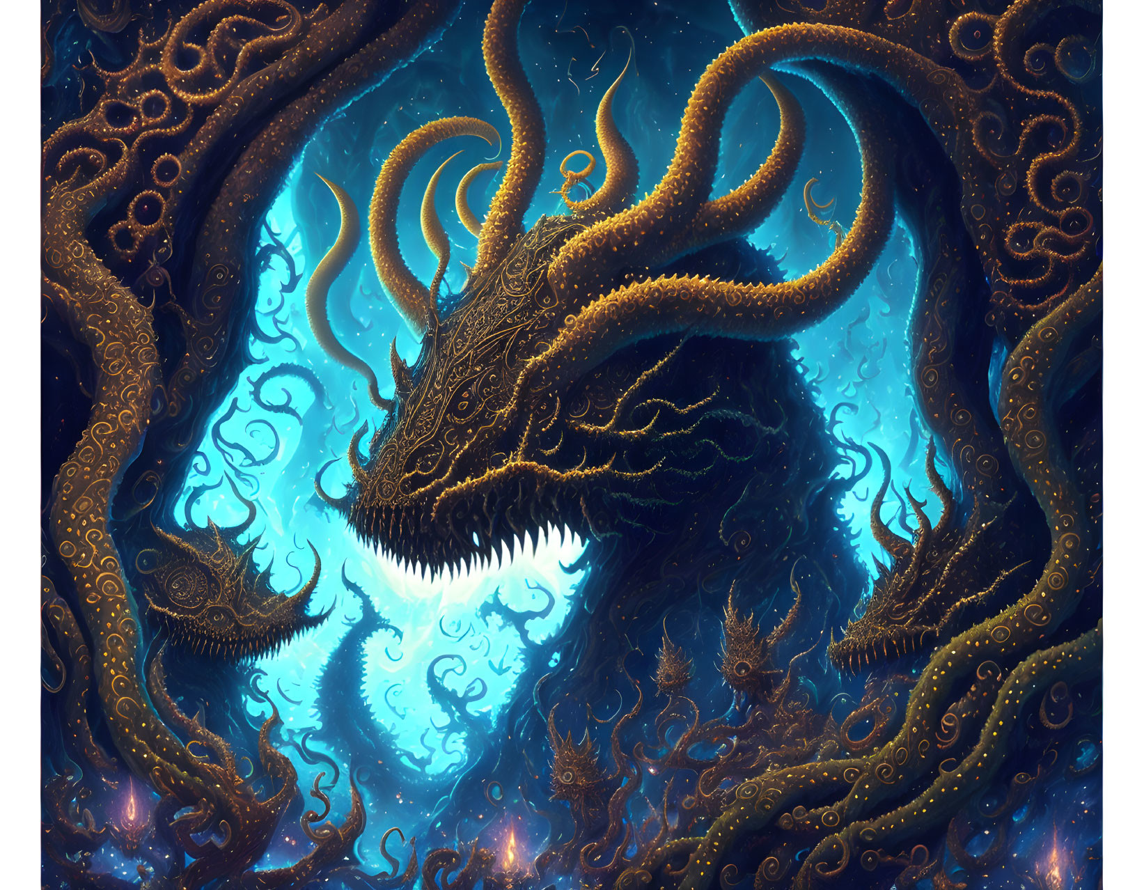 Mythical dragon with swirling horns in cosmic setting