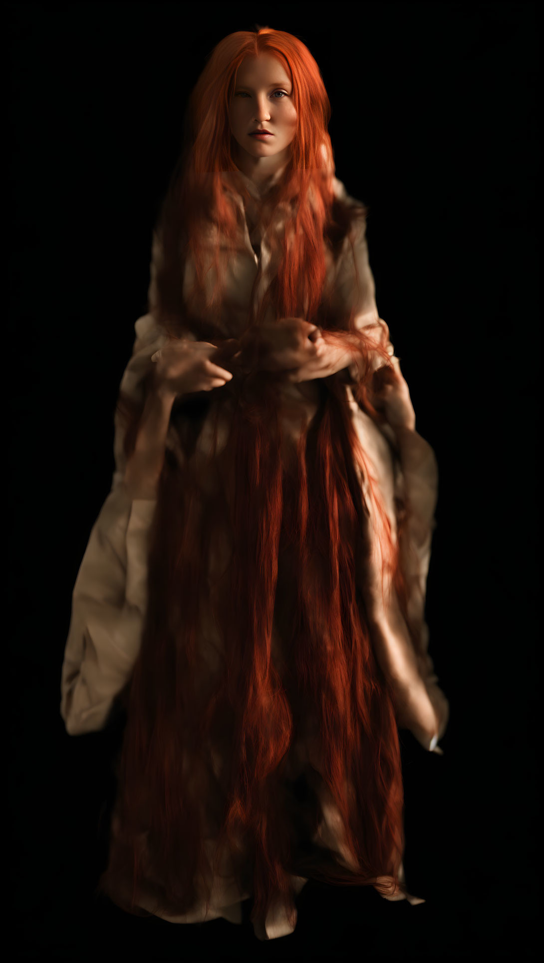 Long Red Hair and Cream Garment Against Dark Background