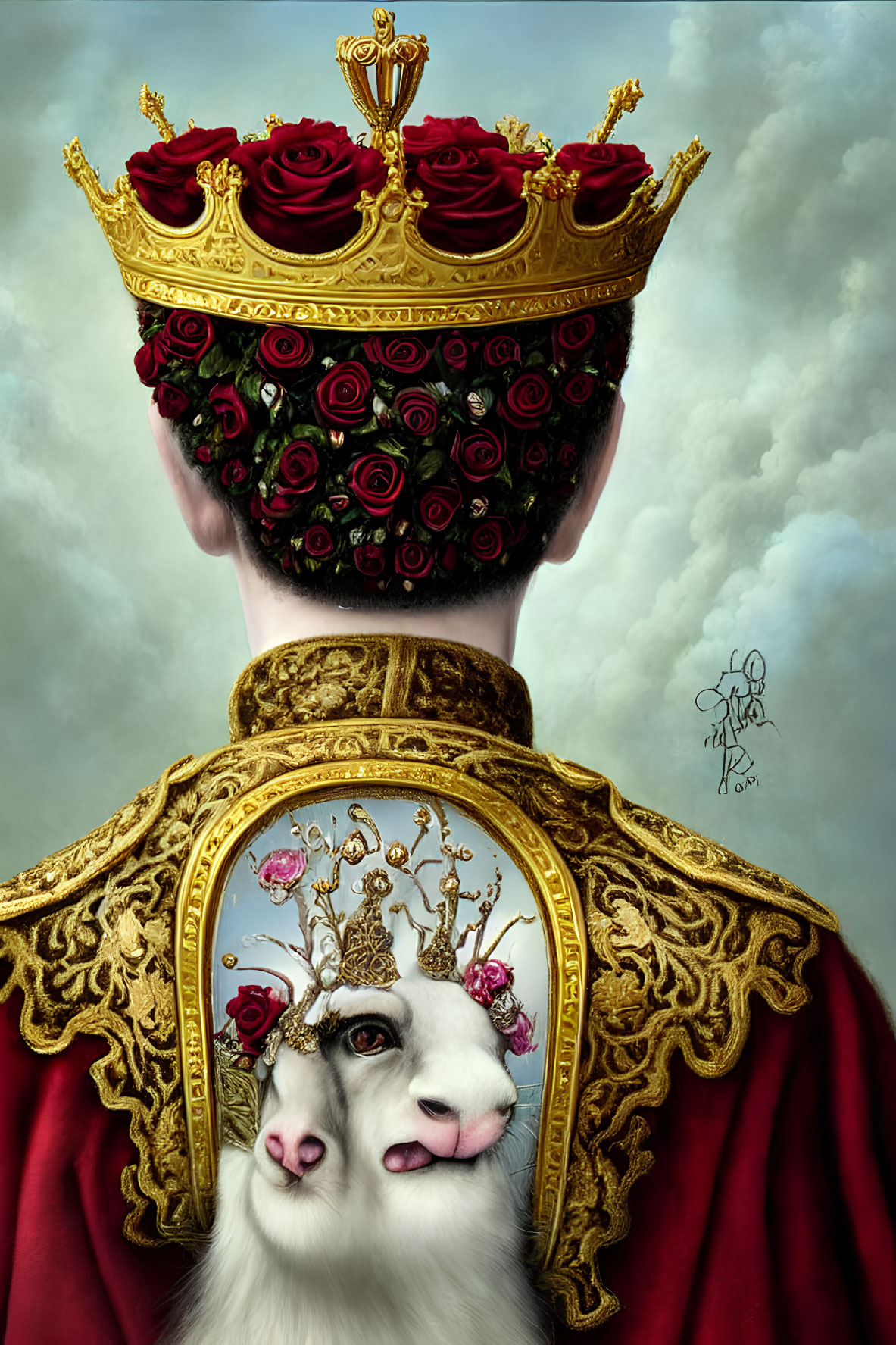 Surreal portrait with person wearing rose crown and deer face in regal cape