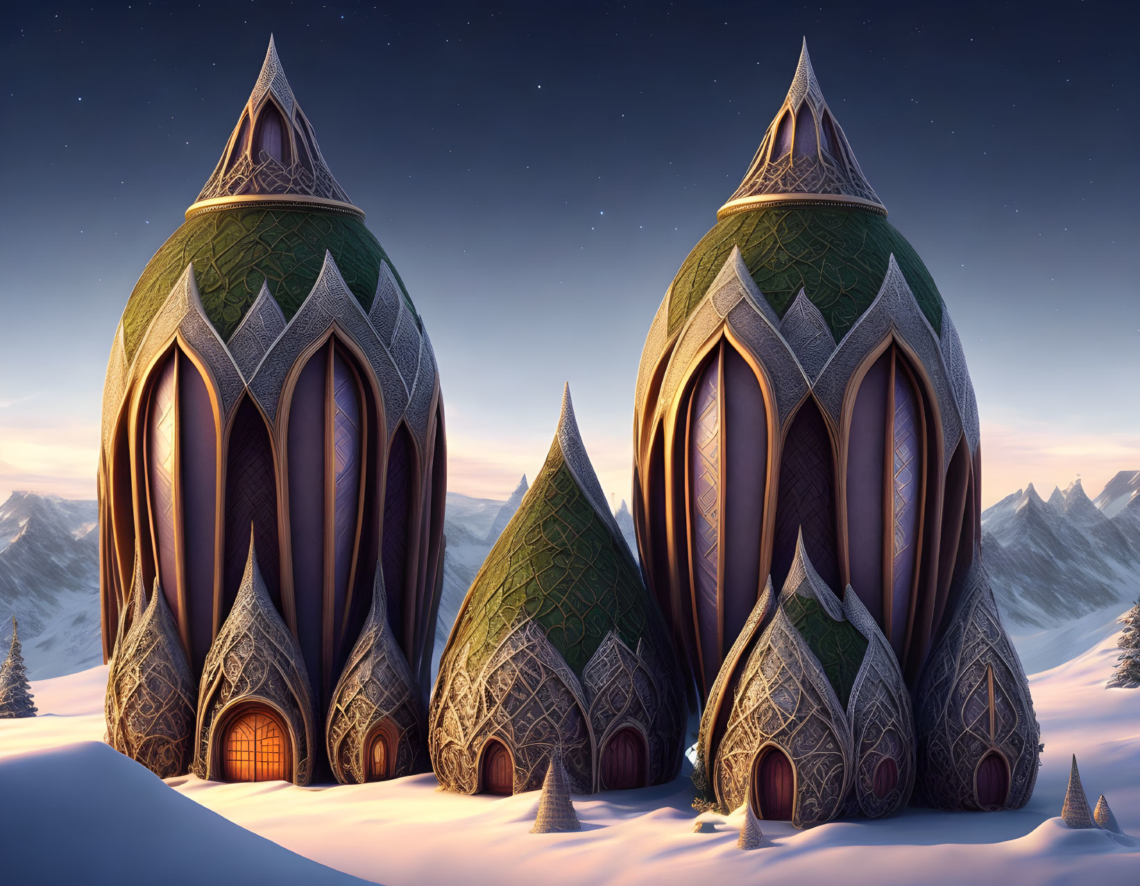 Fantasy-Inspired Architecture with Pointed Rooftops in Twilight Sky