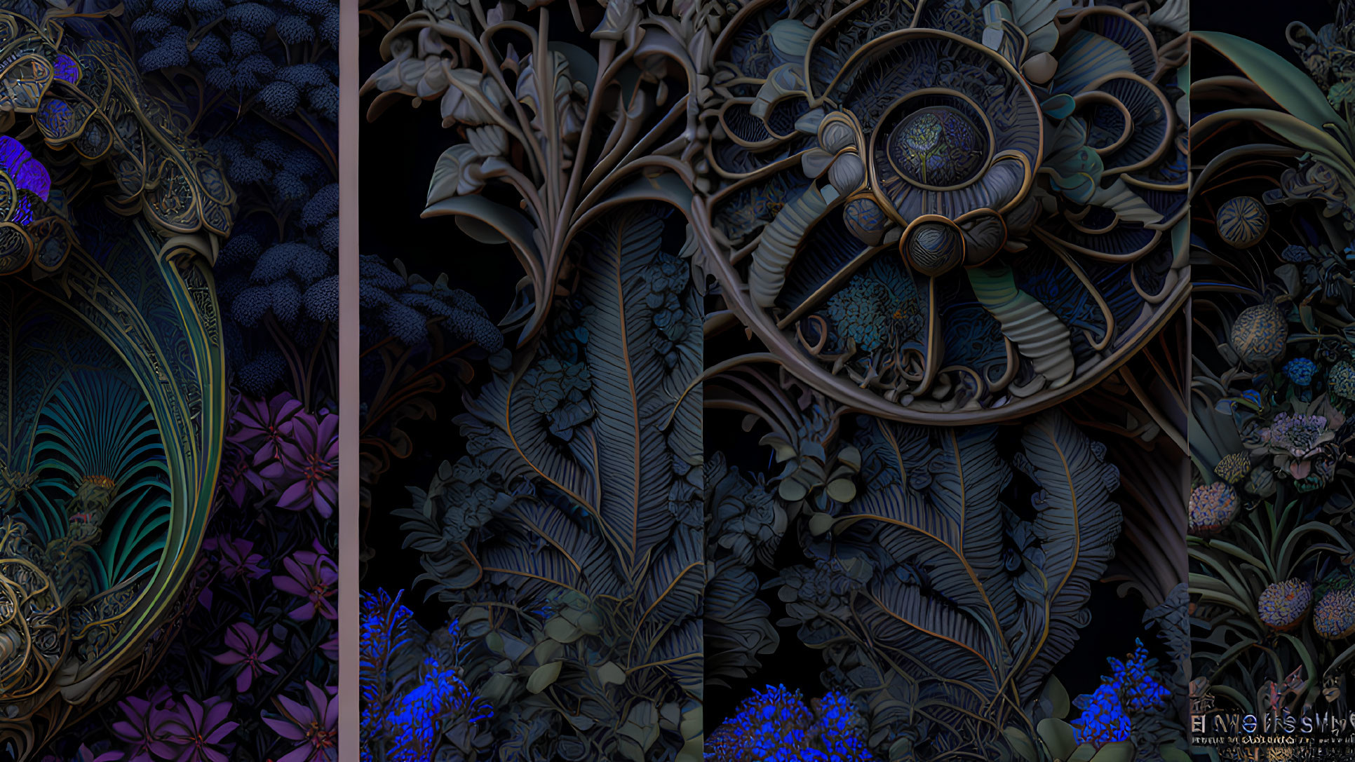 Detailed digital artwork: Intricate floral designs in blue and violet hues on dark background