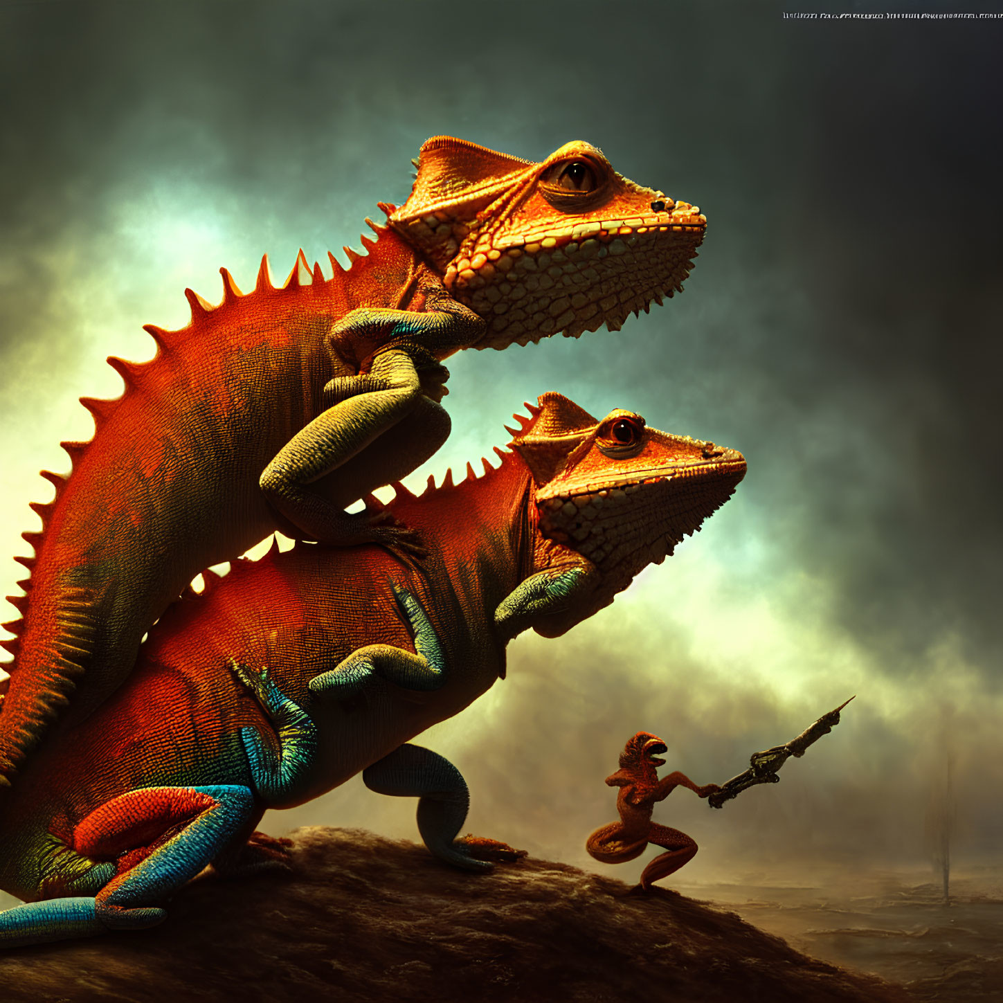 Colorful human-sized chameleons with armored figure and gun under stormy sky