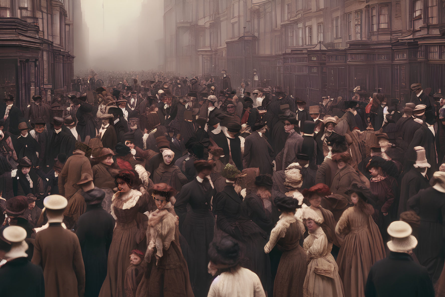 Vintage Historical Street Scene with Crowds in Late 19th to Early 20th Century Attire