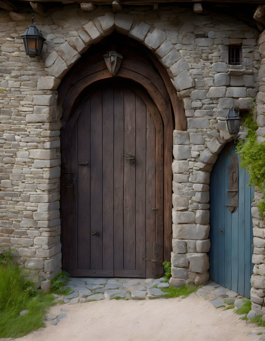 Stone wall with wooden arched door and lanterns in serene setting
