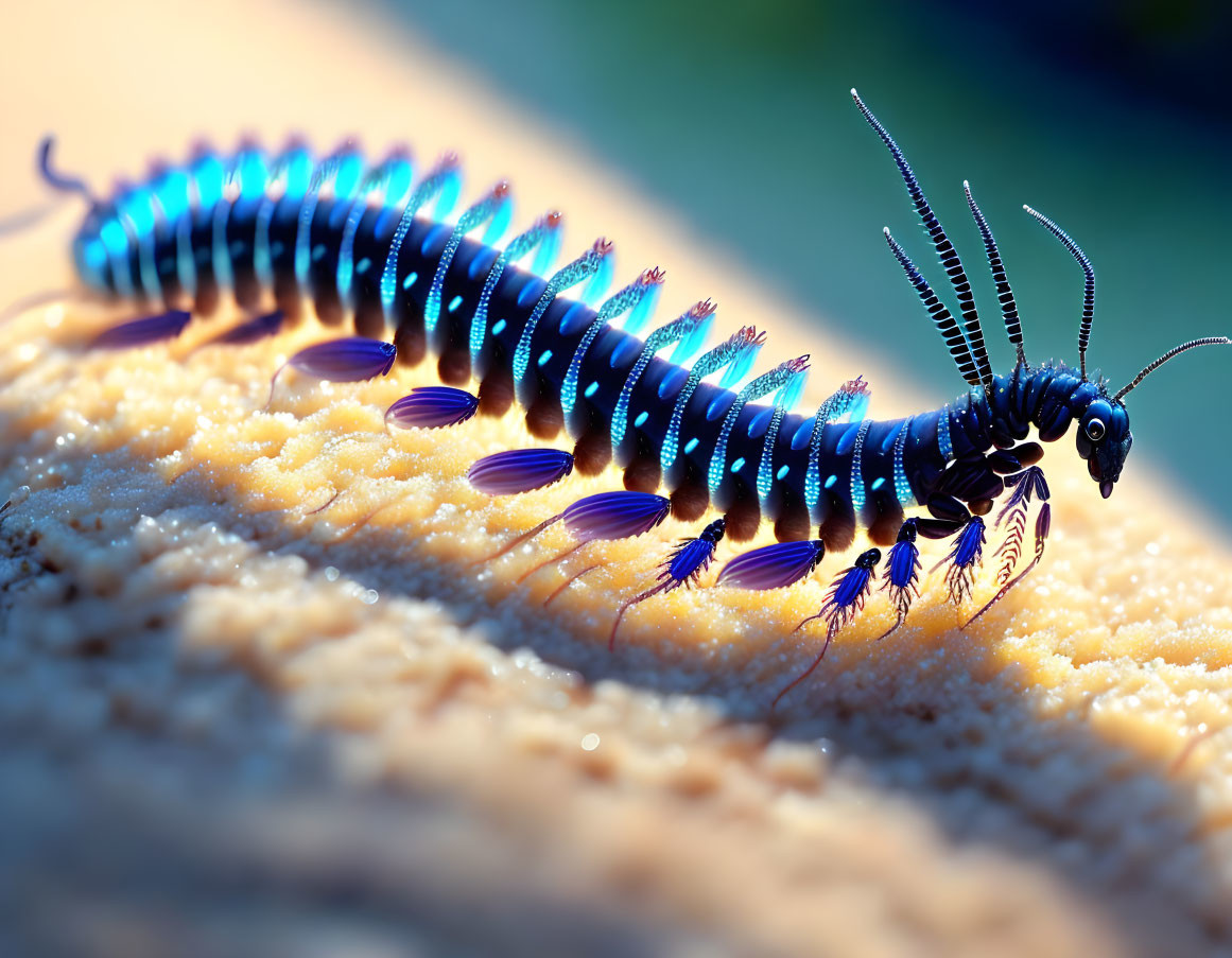 Colorful Blue Millipede with Purple Legs on Textured Surface