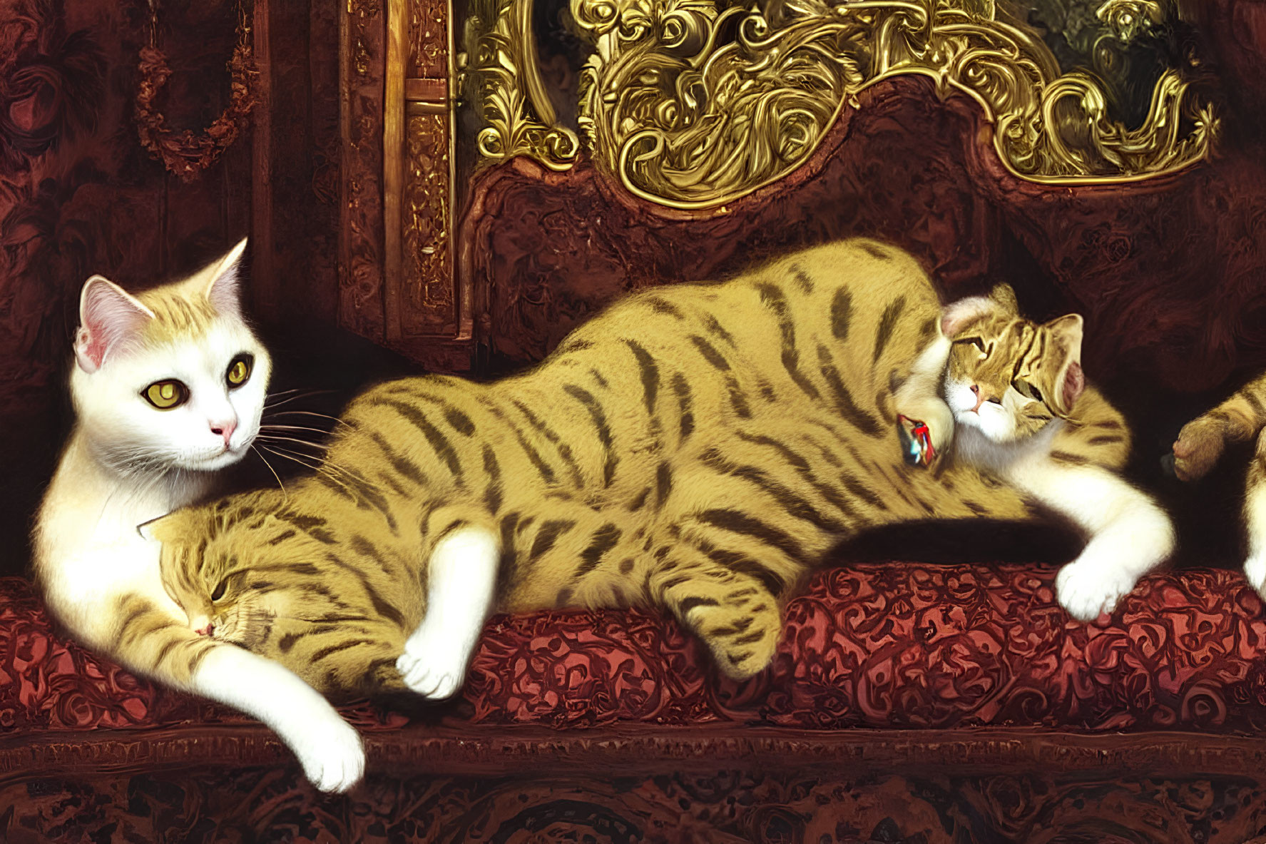 Two Cats Relaxing on Red and Gold Sofa: White Cat Alert, Striped Cat Playing with Toy