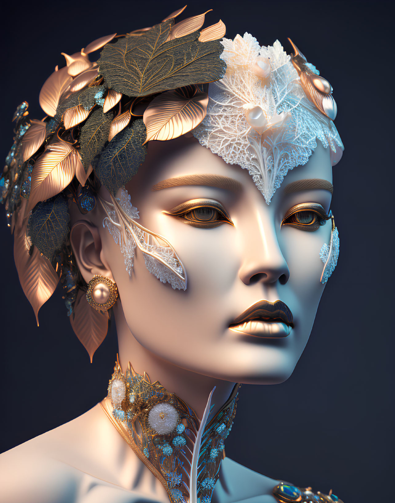 Golden-skinned woman in metallic leaf crown with lace and jewelry.