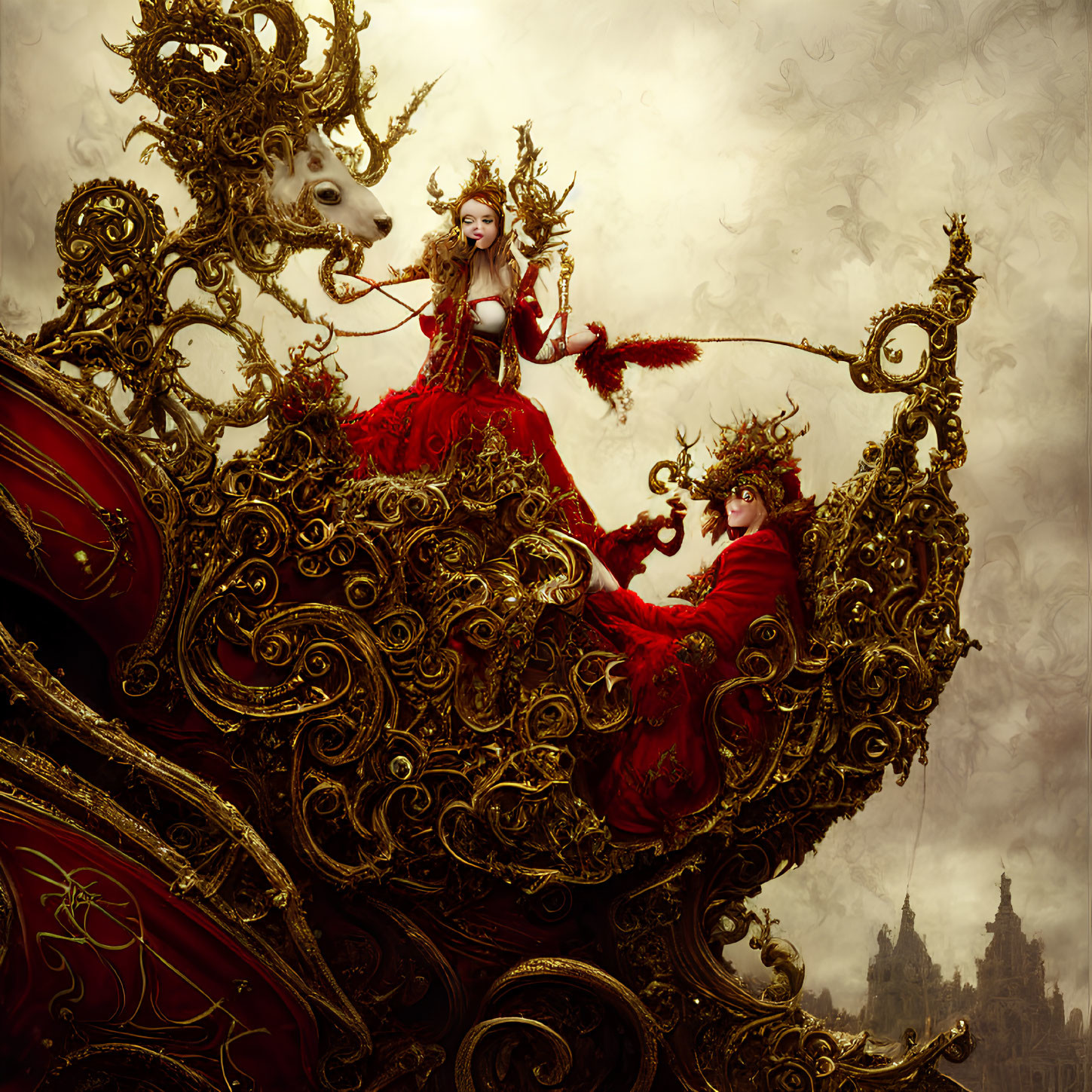 Regal woman in red dress on ornate carriage with white bull in misty castle setting