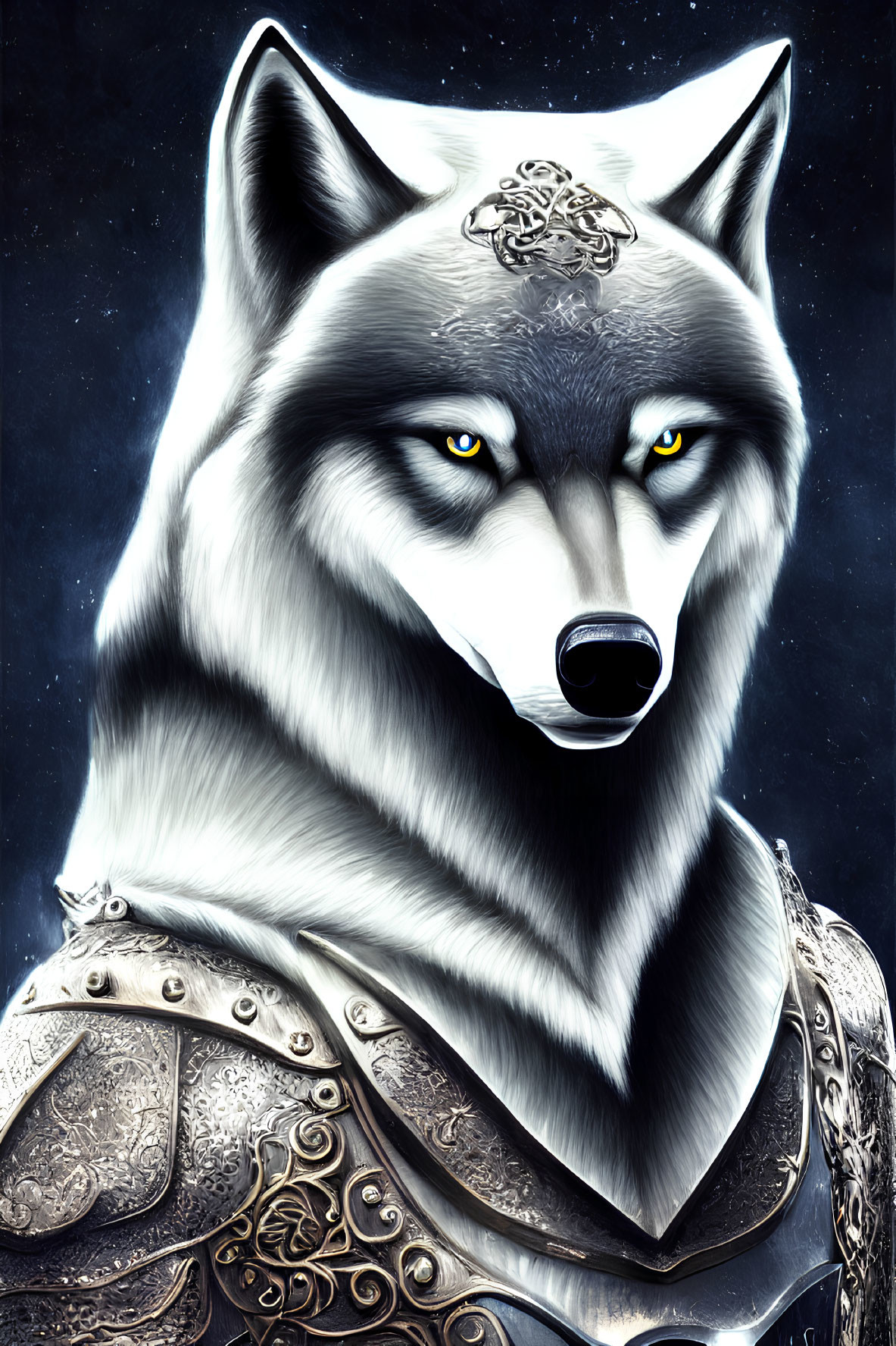 Majestic wolf in ornate armor under starry night sky