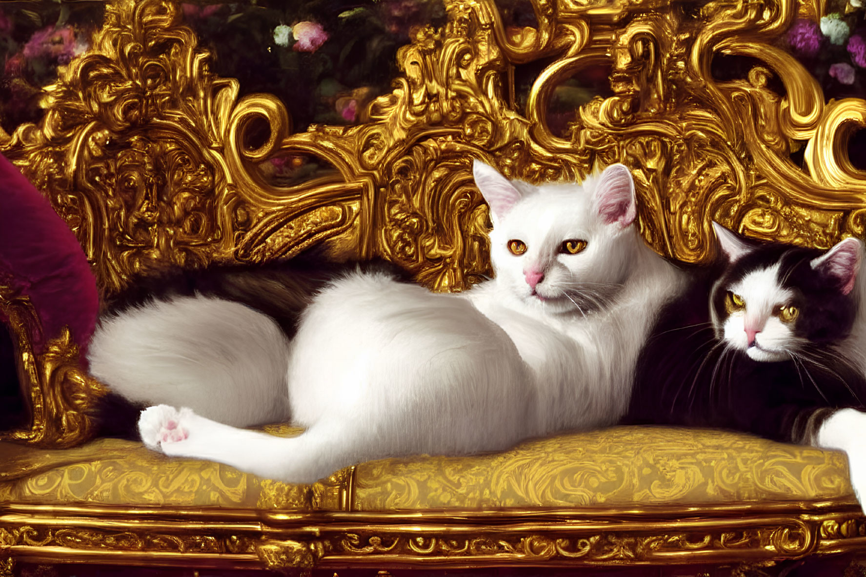 Contrasting black and white cats lounging on ornate golden sofa