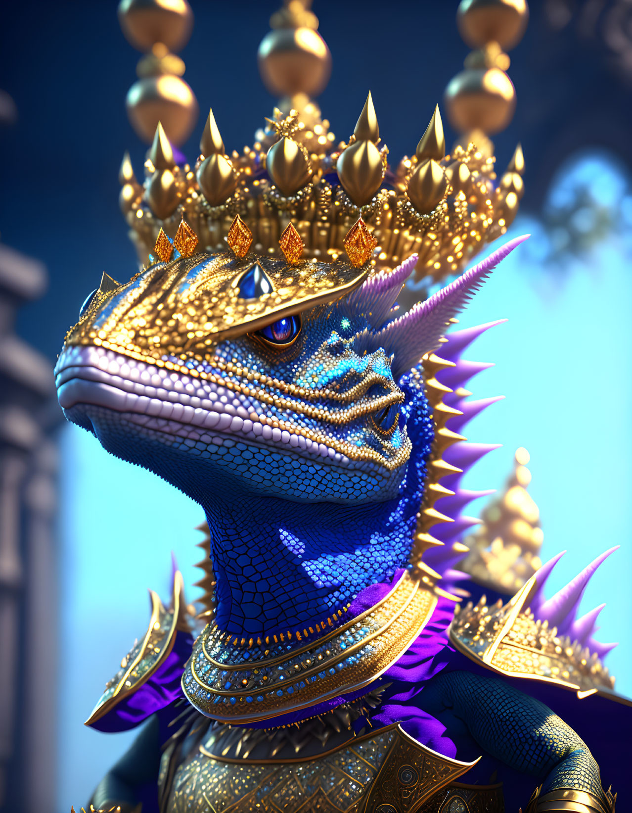 Blue dragon with golden crown and armor in front of castle.