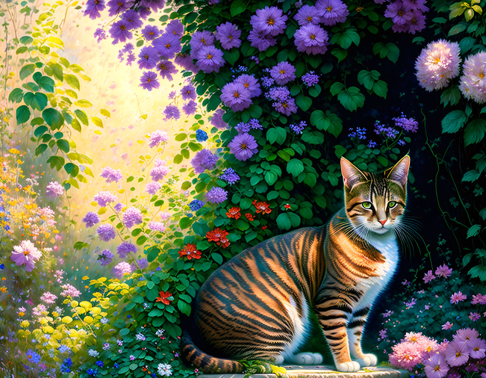 Cat with Striking Markings in Colorful Garden with Flowers