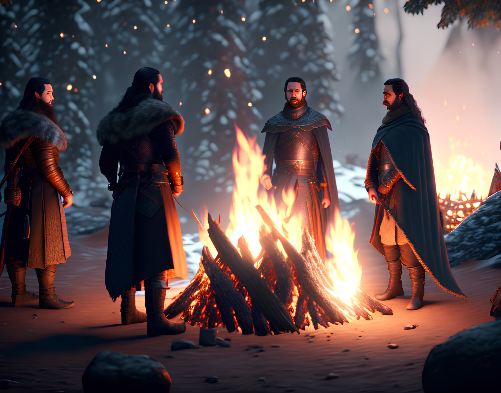 Medieval warriors around bonfire in snowy forest