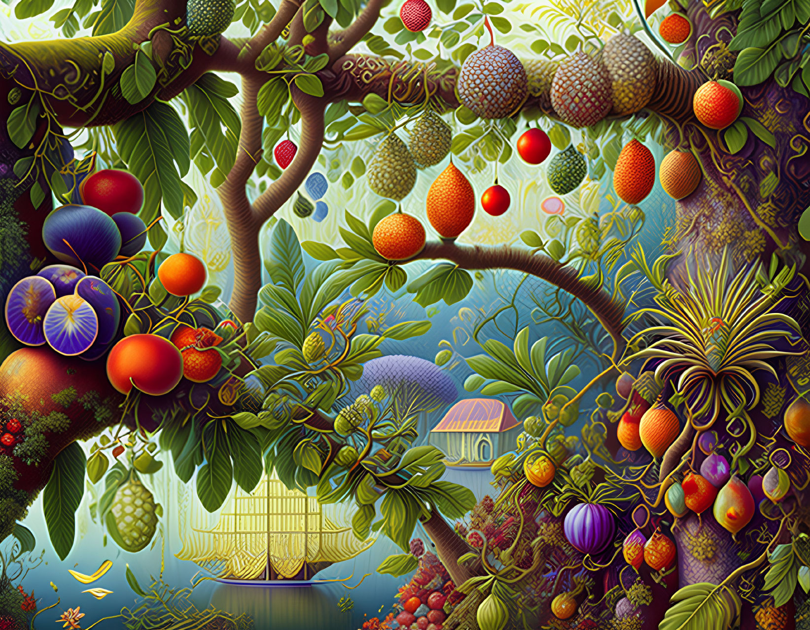 Colorful illustration of exotic fruit tree in lush, fantastical setting