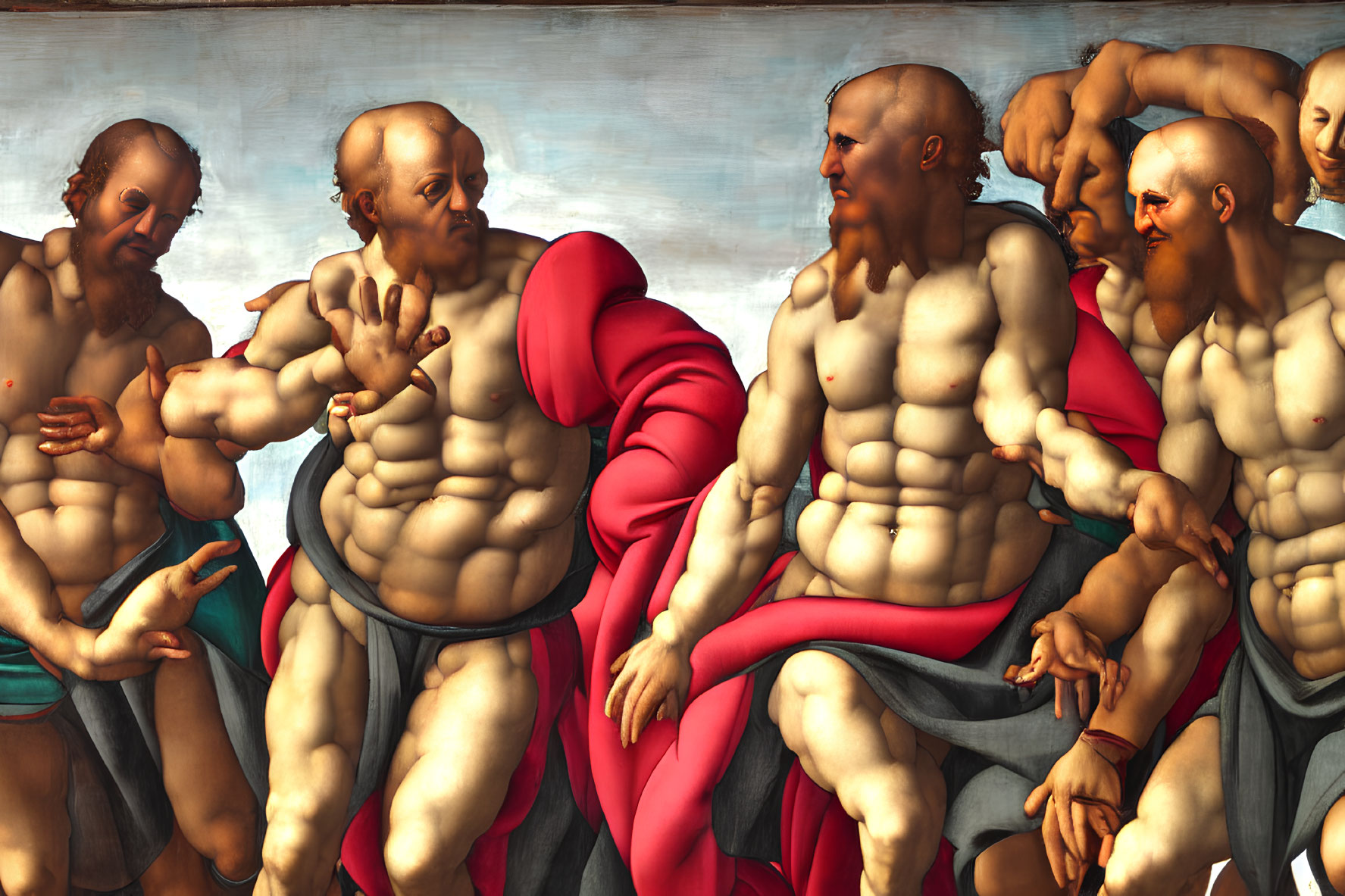 Renaissance painting fragment: Muscular men in discussion with vivid expressions