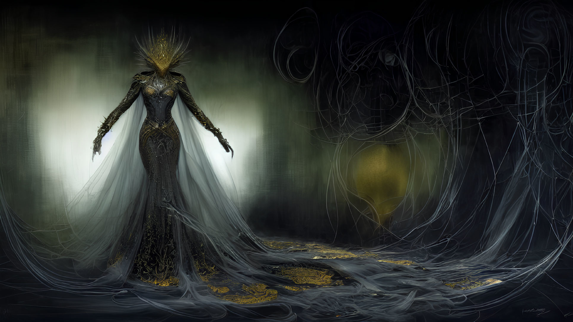 Majestic figure in black and gold dress with spiked crown and glowing orb